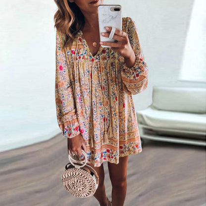 Vestido corto playero bohemio con estampado floral para mujer, informal, holgado, con borlas y cordones, para verano