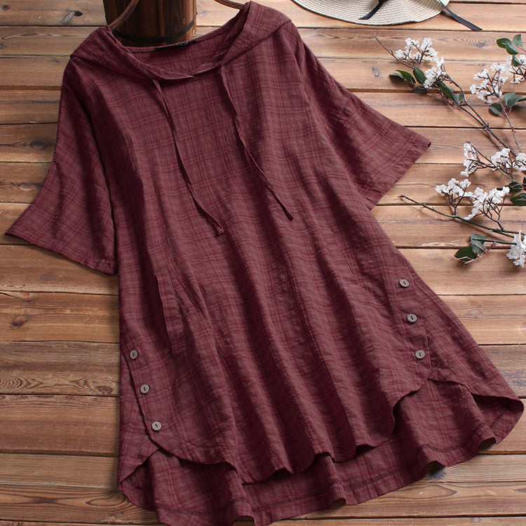 Blusa holgada con capucha y cuello redondo de manga corta para mujer, informal, de verano, talla grande