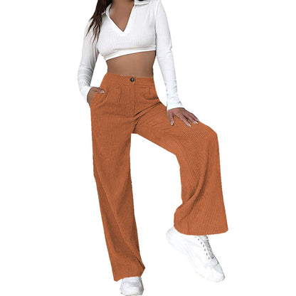 Women Solid Color Button High Waist Casual Loose Wide Leg Pants