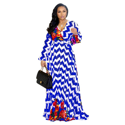 Women Fashion Casual Digital Printing V-Neck Long Sleeve Loose Dress