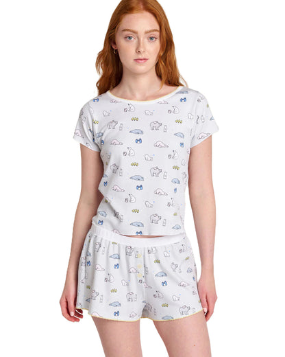 Conjunto de pijama de dos piezas con camiseta estampada informal y pantalones cortos holgados para mujer