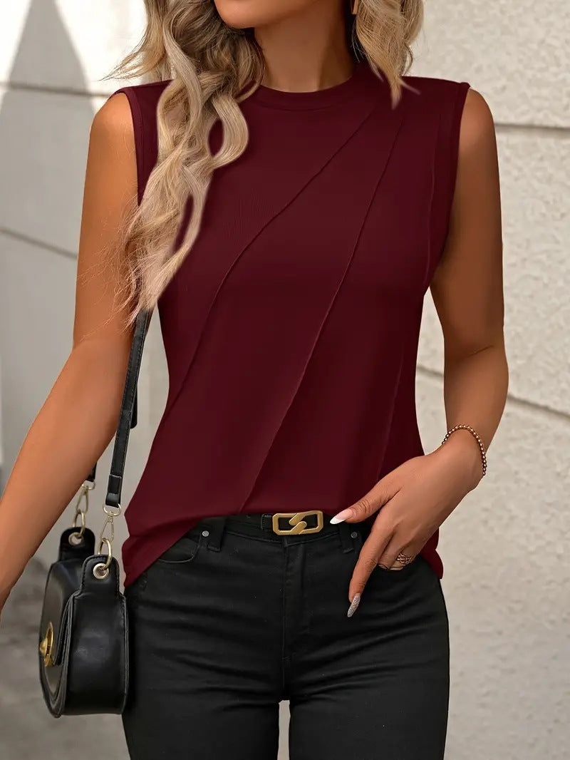 Summer Women Casual Solid Color Round Neck Sleeveless Tank Top