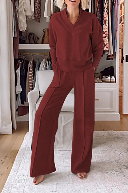 Conjunto de dos piezas de top y pantalones anchos de manga larga con escote en V para mujer