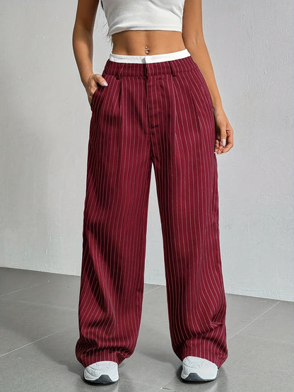Women Casual Solid Color Stripe High Waist Loose Pants