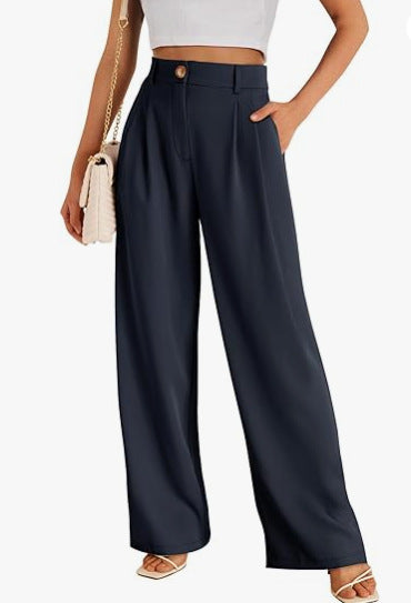Women Fashion Casual Solid Color High Waist Wide Leg Pants