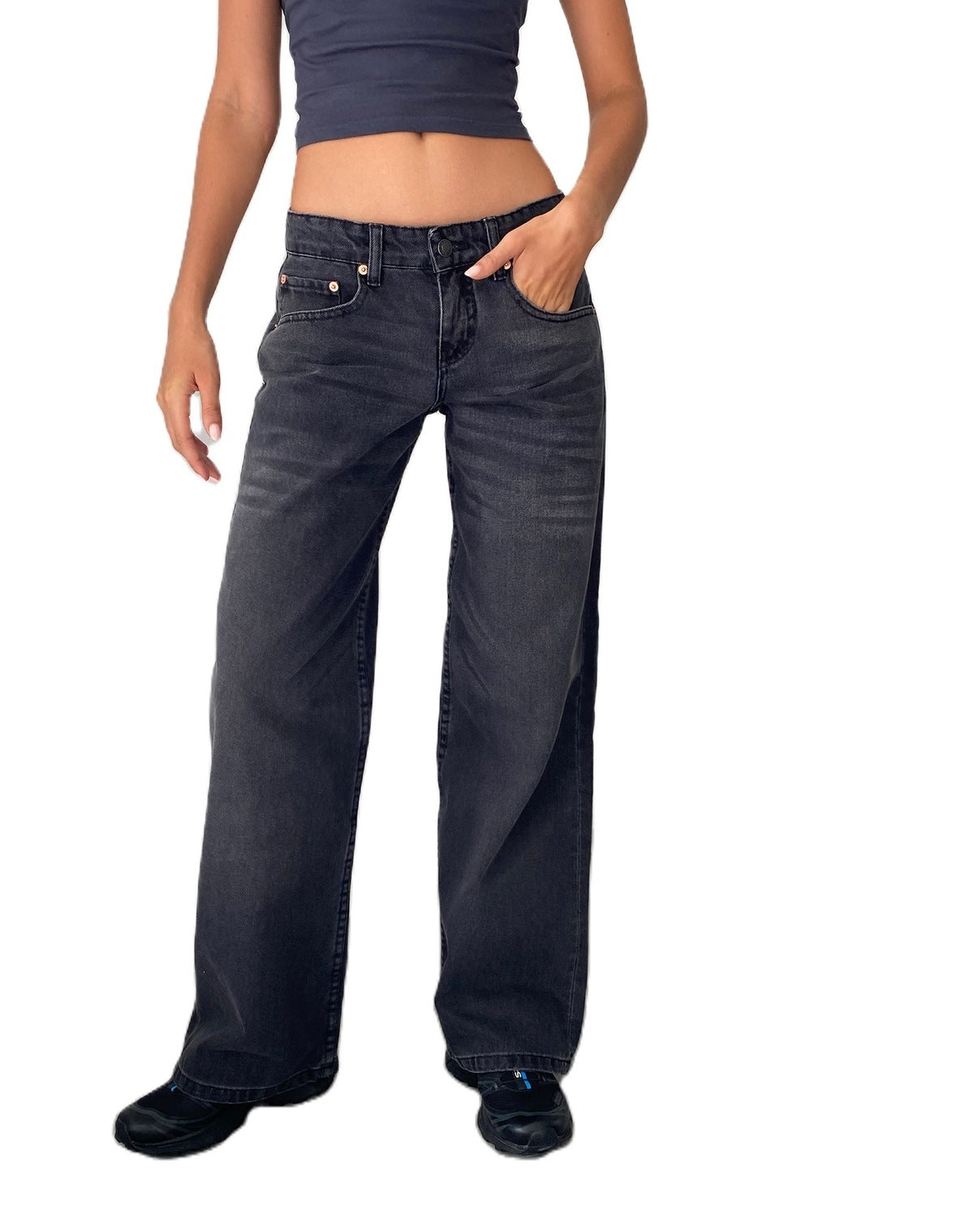 Women Fashion Casual Solid Color Straight Jeans