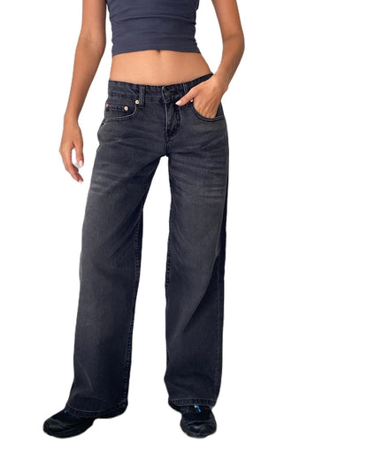 Women Fashion Casual Solid Color Straight Jeans