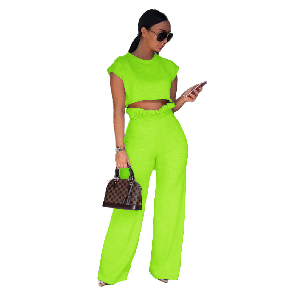 Conjunto de dos piezas de pantalones de manga corta de color liso informal a la moda para mujer