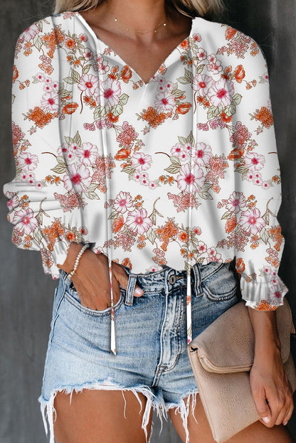 Blusa informal de manga larga con cuello en V y estampado floral para mujer