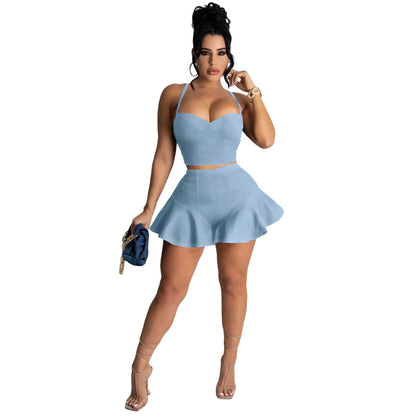Women Casual Solid Color Slim Fit Vest Top And Ruffle Shorts Two Pieces Suit