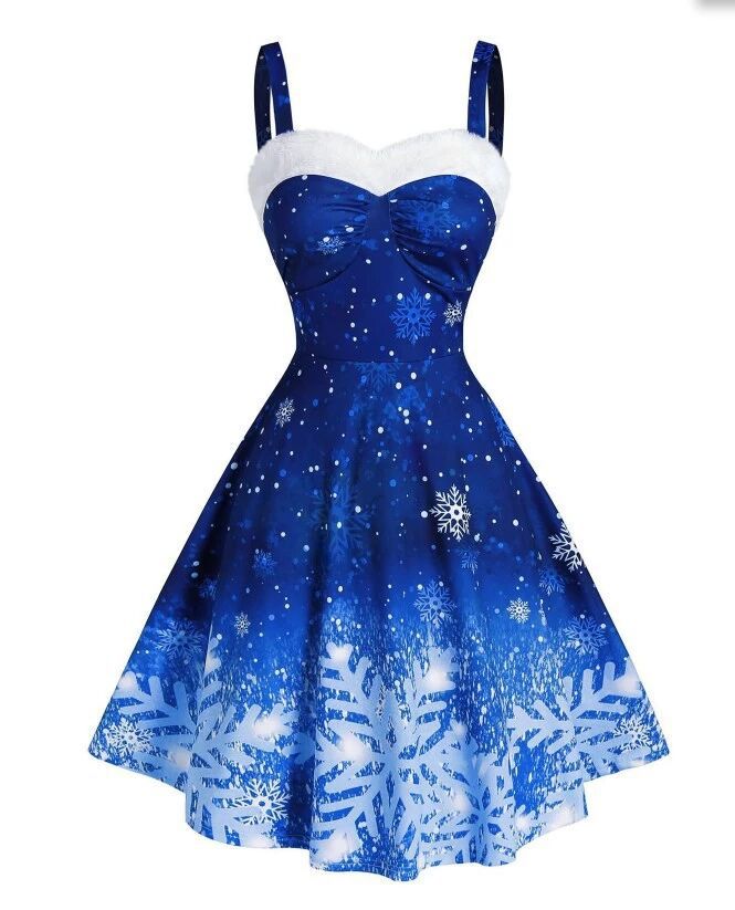 Women Fashion Casual Christmas Snowflake Print Wide Strap Swing Dress