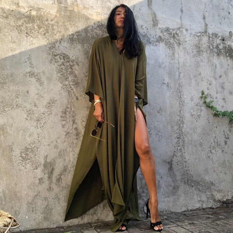 Traje de baño de bikini holgado de manga larga informal para mujer, color liso, para playa, vacaciones