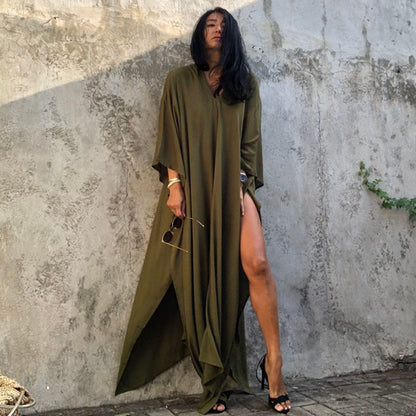 Traje de baño de bikini holgado de manga larga informal para mujer, color liso, para playa, vacaciones