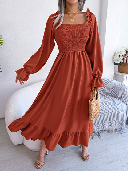 Women Fashion Casual Square Collar Large Ruffled Maxi Dress