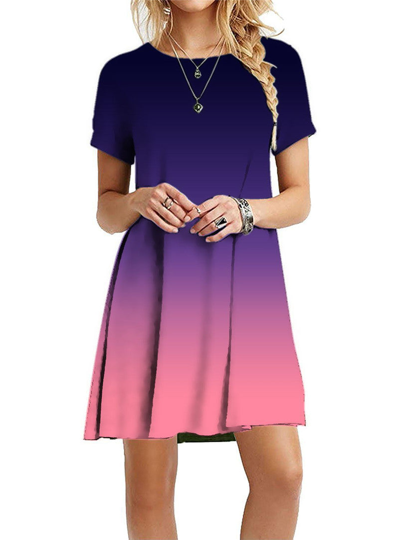 Vestido mini informal holgado de manga corta con estampado degradado de arcoíris y teñido anudado para mujer