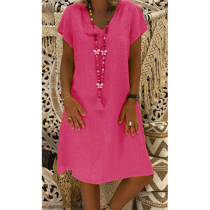 Clearance Sale Women Casual Solid Color Short Sleeve V Neck Dress