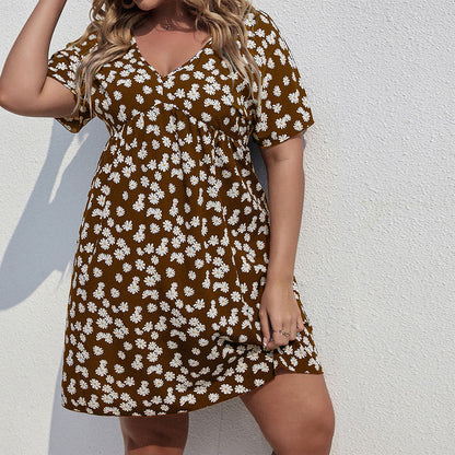 Women Fashion Casual Floral Printing V-Neck Short Sleeve Plus Size Dress
