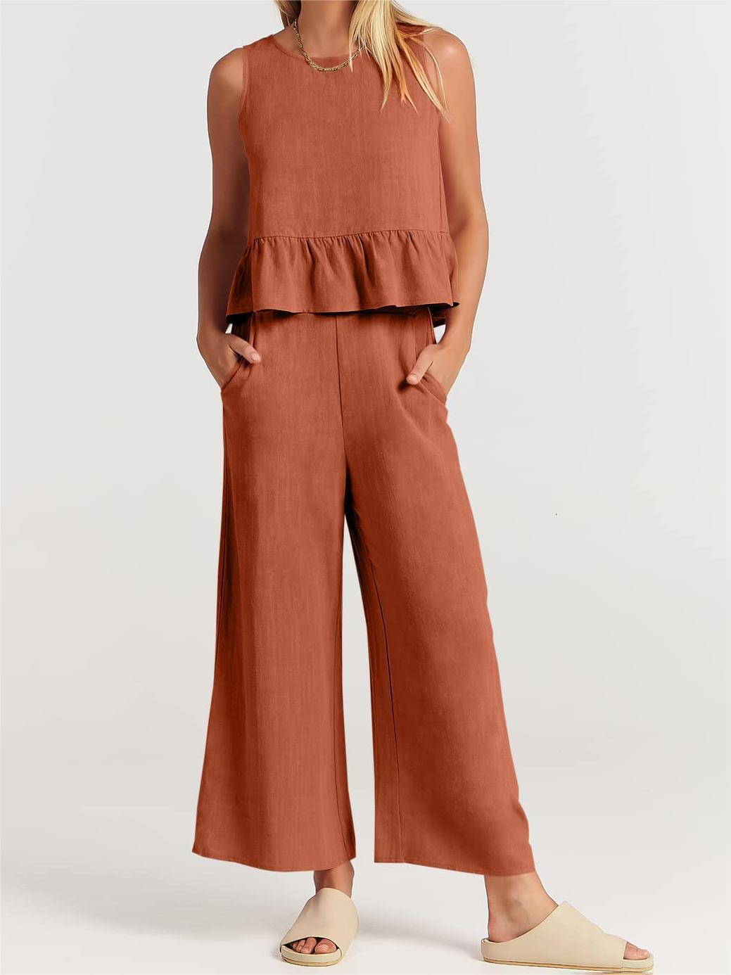 Conjunto informal de verano para mujer, blusa sin mangas con volantes y pantalones de pierna ancha