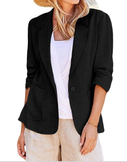 Chaqueta blazer informal de manga larga con solapa y botonadura sencilla de color liso para mujer
