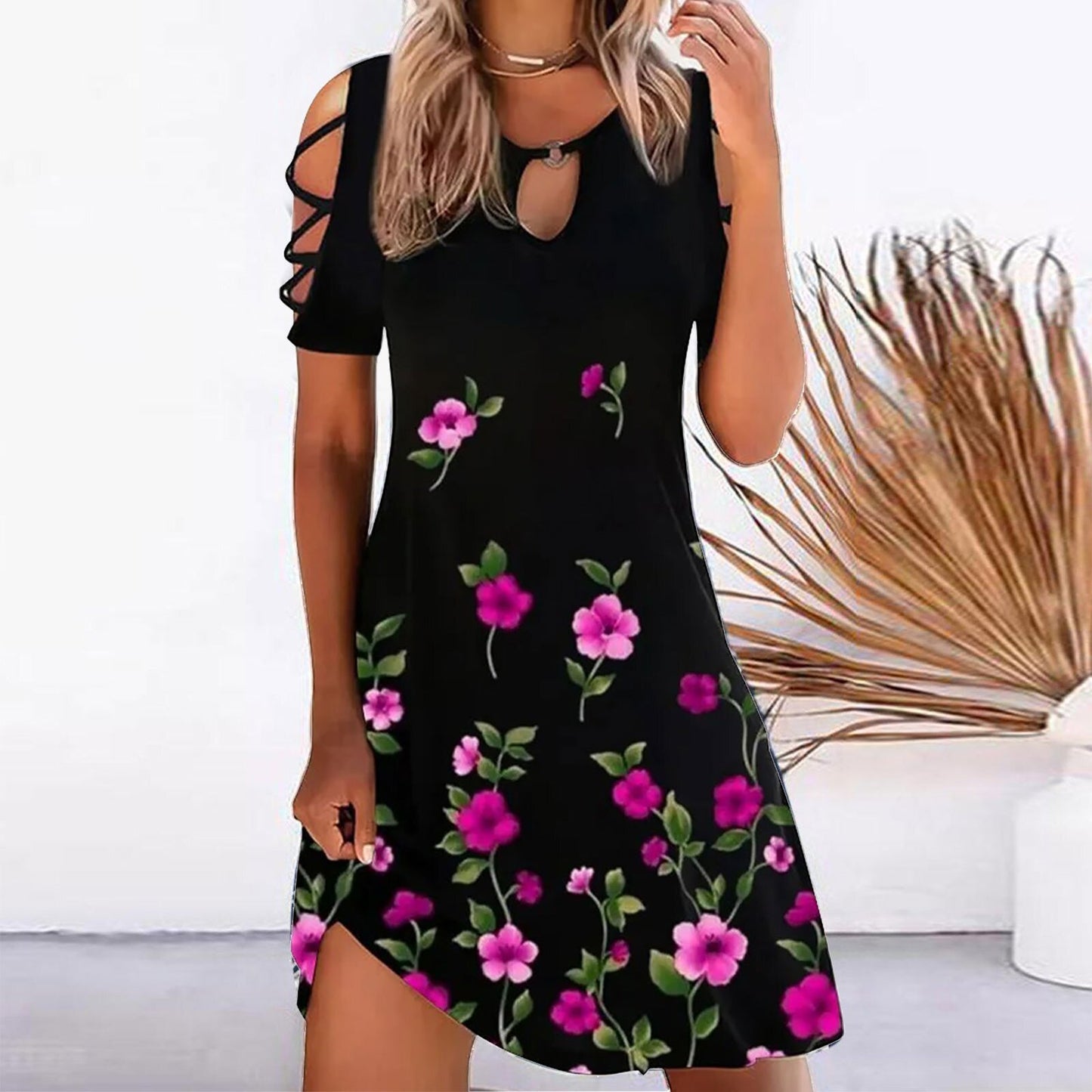 Women Vintage Short Sleeves Cool Shoulder Casual Dress