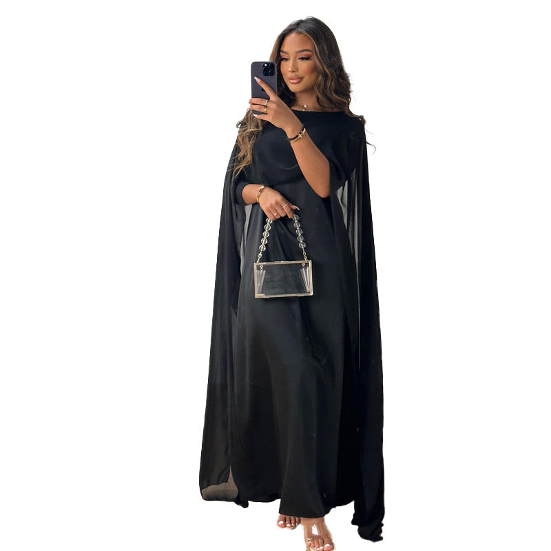 Women Fashion Casual Solid Color Round Neck Loose Abaya Chiffon Maxi Dress