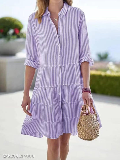 Women Casual Loose Long Stripe Striped Shirt Dress