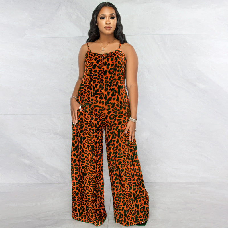 Summer Women Fashion Casual Leopard Printed Sling Wide Leg Jumpsuits