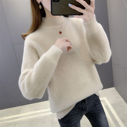 Suéter de felpa grueso y suelto con cuello medio alto de color liso informal a la moda para mujer