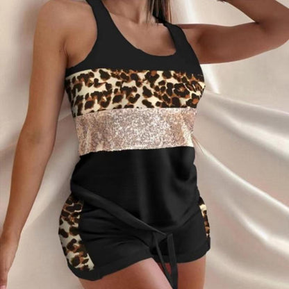 Summer Women Casual Color Blocking Sleeveless Tank Top And Shorts Set