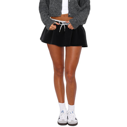 Women Fashion Casual Solid Color Low-Waist Drawstring Skirt