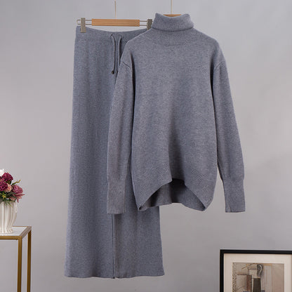Suéter de punto de cuello alto de color liso para mujer, conjunto de dos piezas con pantalones anchos informales para otoño e invierno