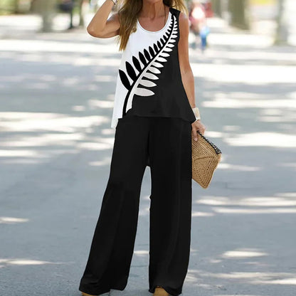 Conjunto de dos piezas de blusa sin mangas con estampado floral informal de verano para mujer, pantalones de cintura alta