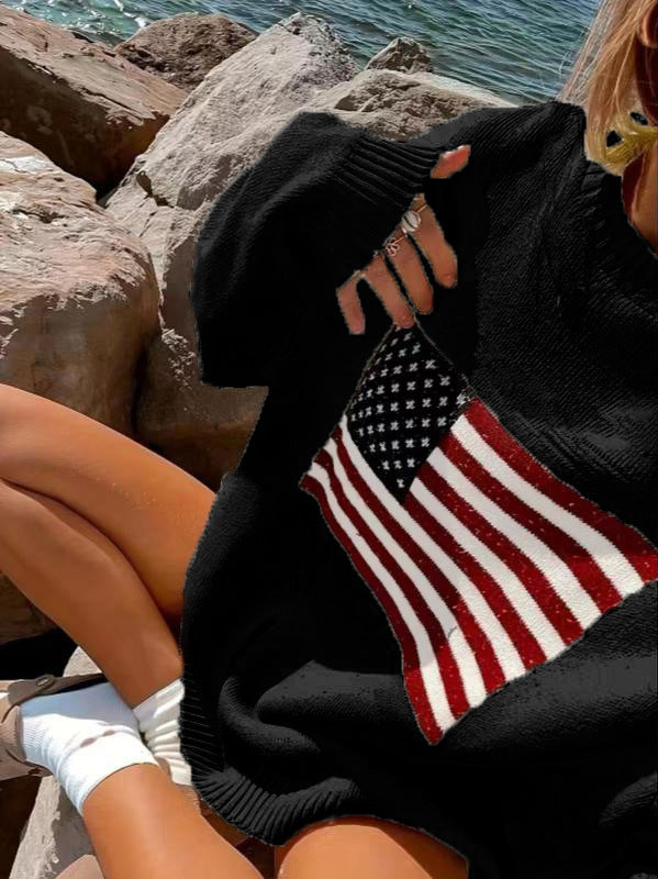 Suéter holgado informal de manga larga con estampado de bandera y estrellas para mujer