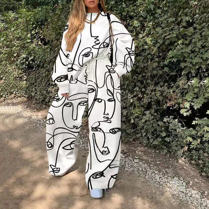 Conjunto de top y pantalón básico de manga larga con cuello redondo y estampado holgado para mujer