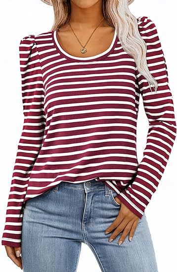 Camiseta informal de manga larga con cuello redondo y estampado de rayas para mujer