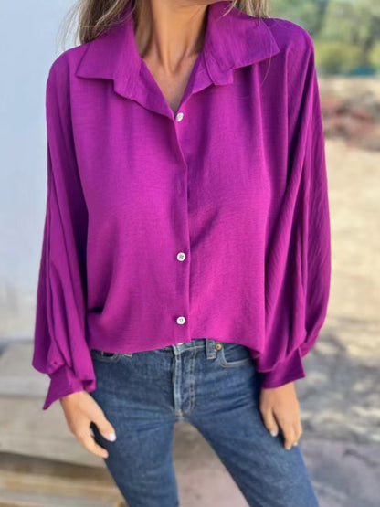 Blusa informal de manga larga con solapa y botonadura sencilla de color liso para mujer