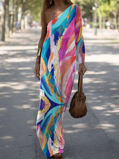 Women Casual Solid Color Loose One Sleeve Maxi Dress