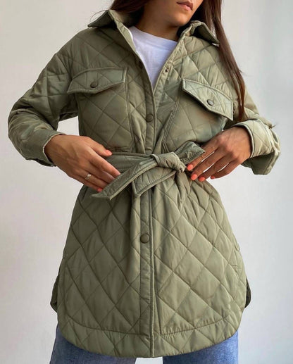 Chaqueta acolchada holgada informal de color liso con mangas largas y solapas cruzadas para mujer