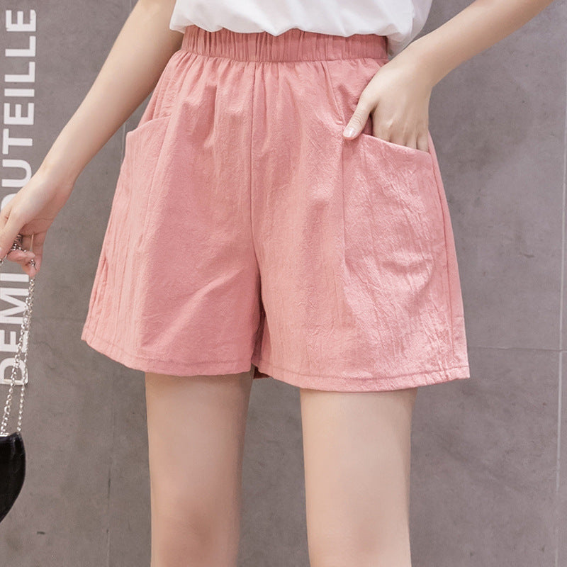 Women Fashion Casual Solid Color Cotton Linen High Waist Shorts