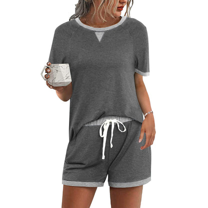 Summer Women Casual Round Neck Short-Sleeved T-Shirt Drawstring Shorts Two-Piece Set