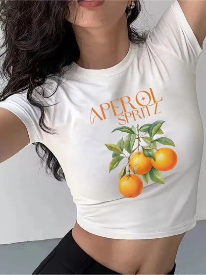 Camiseta corta informal de verano para mujer con estampado floral y letras, cuello redondo y manga corta