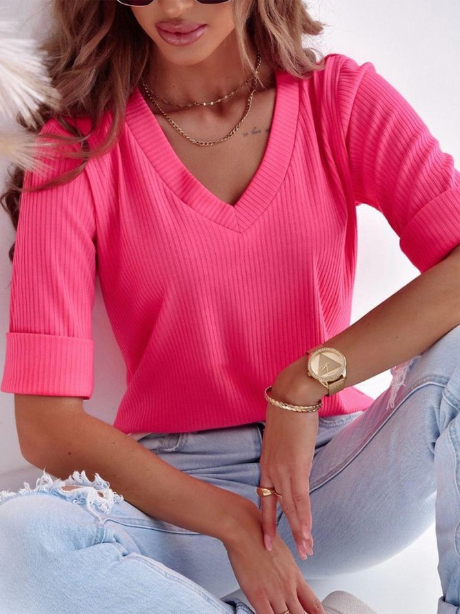 Camiseta informal de color liso con cuello en V y rosca para mujer