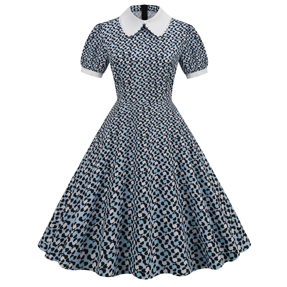 Women Vintage Summer Floral Printed Short-Sleeved Doll Collar Casual Large Swing Dress