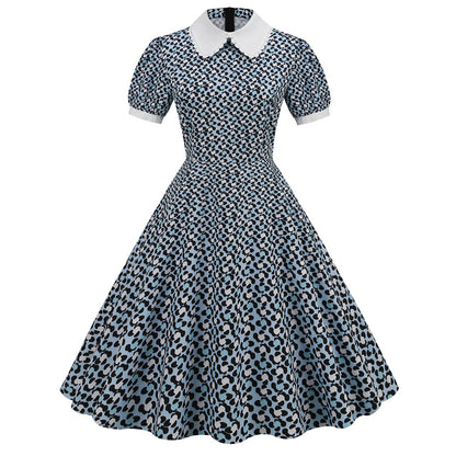 Women Vintage Summer Floral Printed Short-Sleeved Doll Collar Casual Large Swing Dress