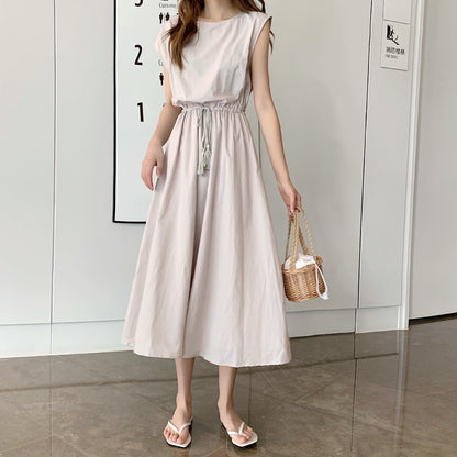Women Fashion Minimalist Casual Solid Color Round Neck Short-Sleeve Drawstring Dress