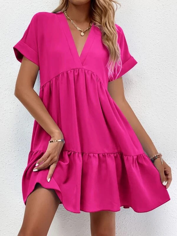 Vestido informal de verano para mujer, con escote en V y manga corta, estilo swing grande