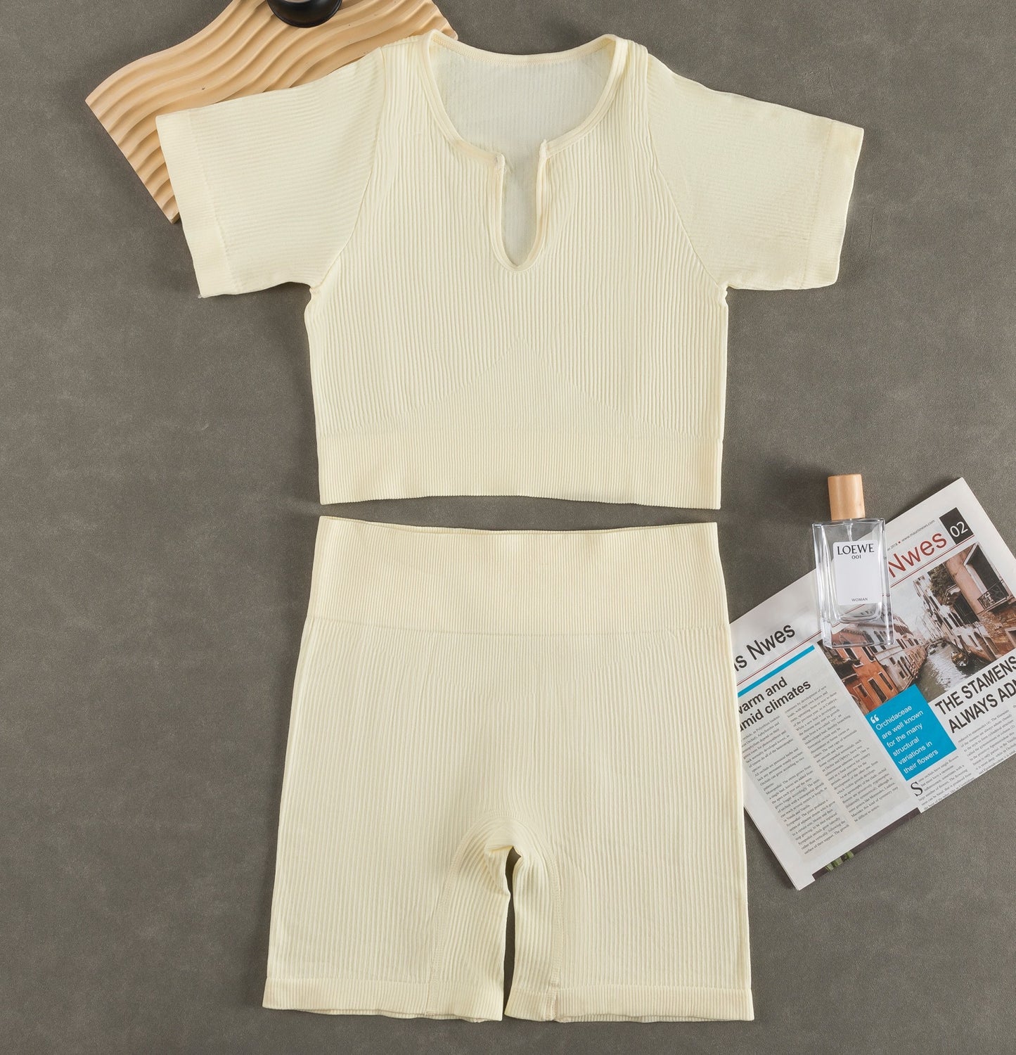 Women Fashion Casual Solid Color Sports Yoga Short Sleeve Top Shorts Set