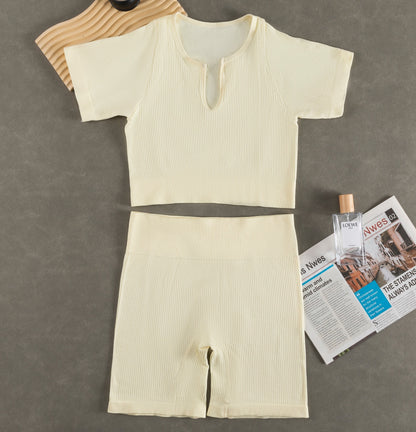 Women Fashion Casual Solid Color Sports Yoga Short Sleeve Top Shorts Set
