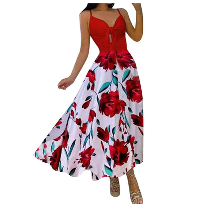 Women Casual Sexy Vacation Floral Print Knit Strap Swing Maxi Dress