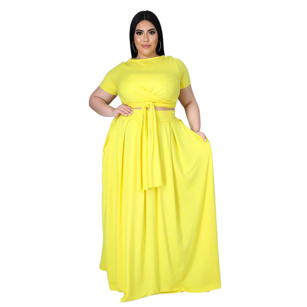 Women Fashion Casual Plus Size Solid Color Cross Strap Short-Sleeve Top Loose Skirt Two-Piece Set